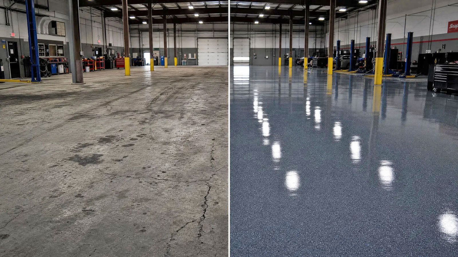 Commercial floor coating before and after — auto shop in Western NC